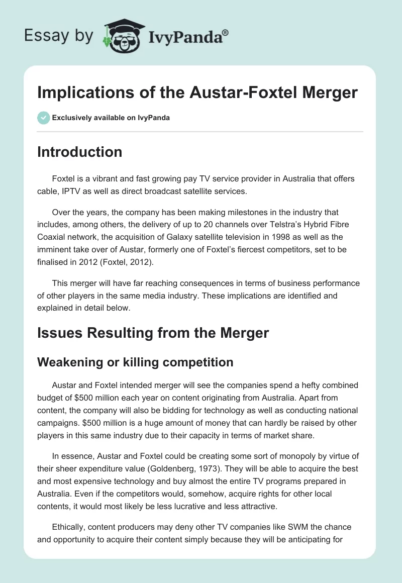 Implications of the Austar-Foxtel Merger. Page 1