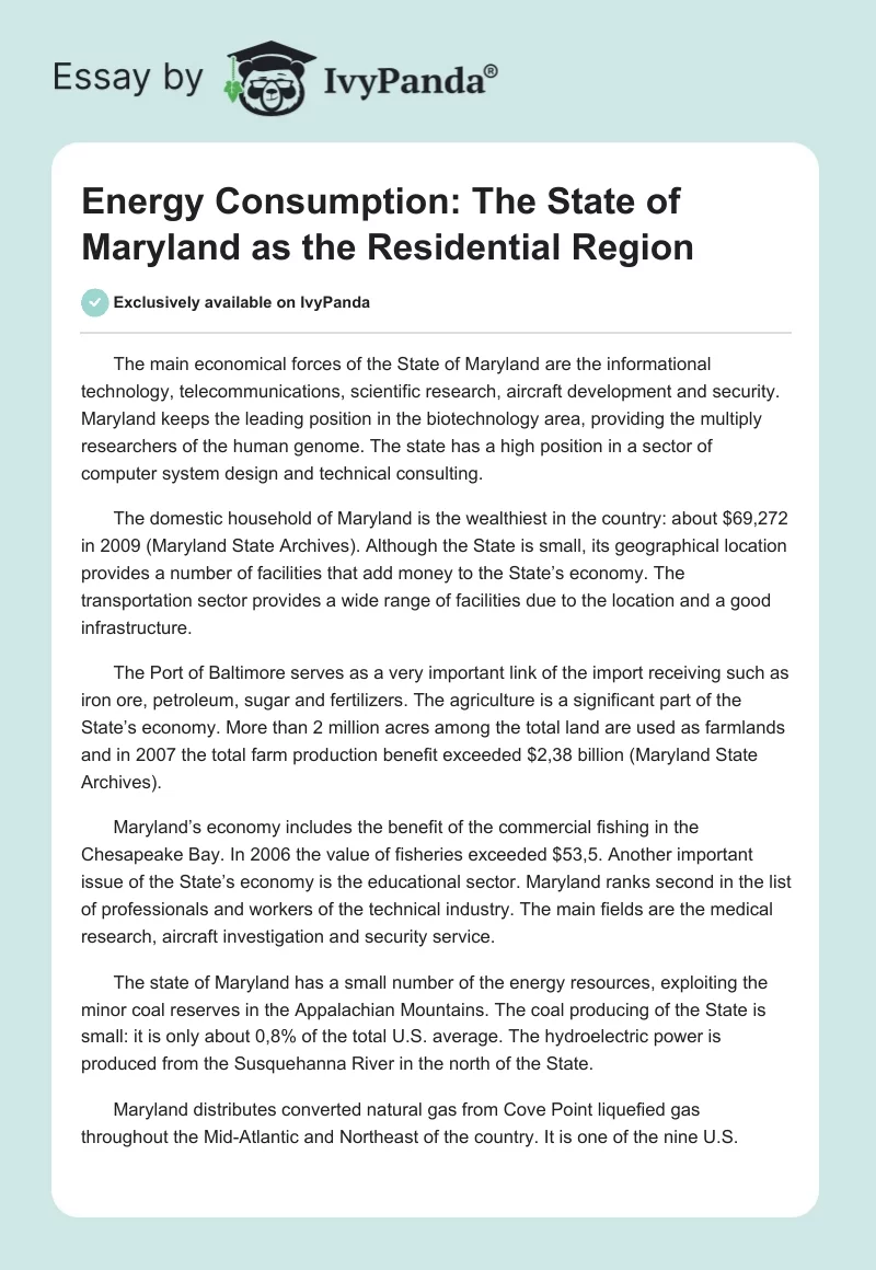 Energy Consumption: The State of Maryland as the Residential Region. Page 1