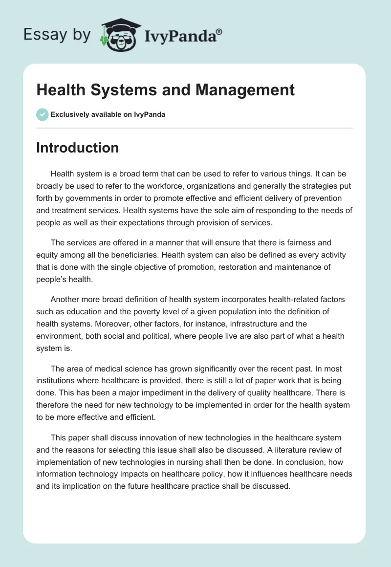 Health Systems and Management. Page 1
