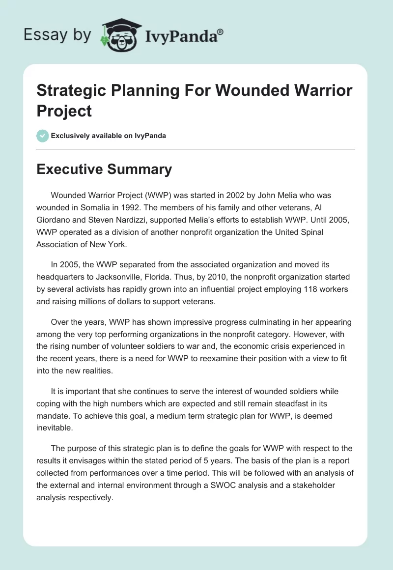 Strategic Planning For Wounded Warrior Project. Page 1