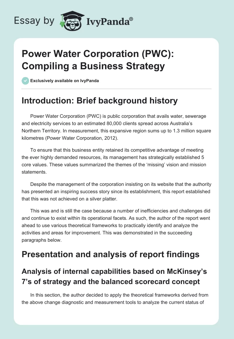 Power Water Corporation (PWC): Compiling a Business Strategy. Page 1