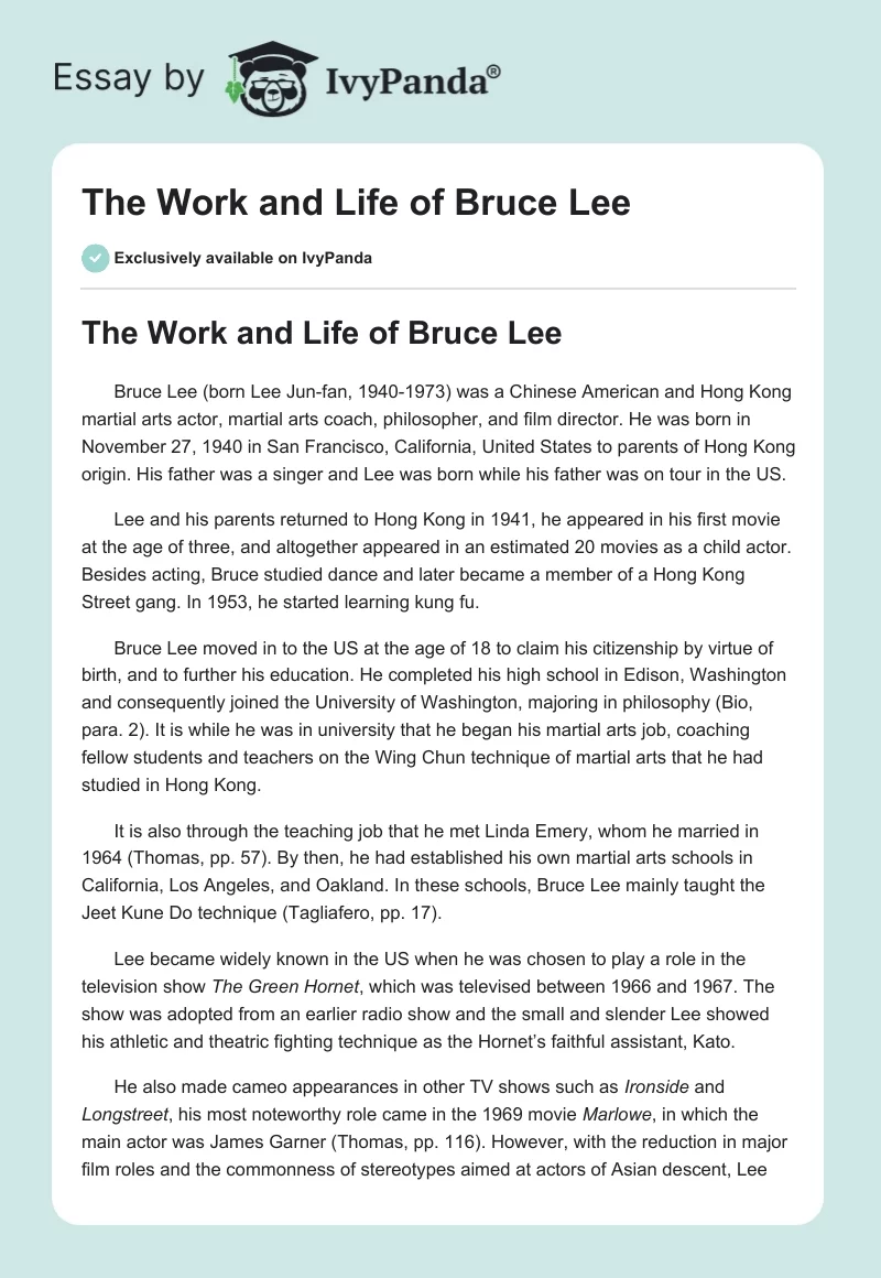 The Work and Life of Bruce Lee. Page 1