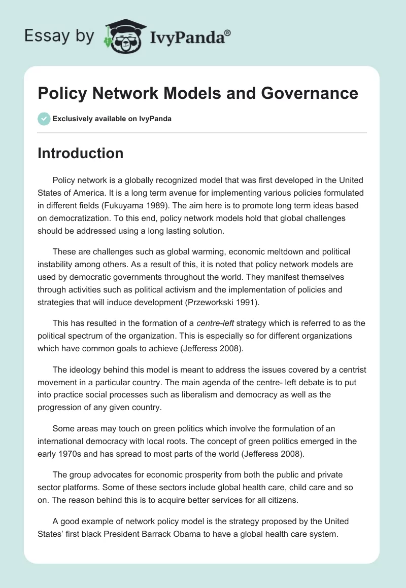 Policy Network Models and Governance. Page 1