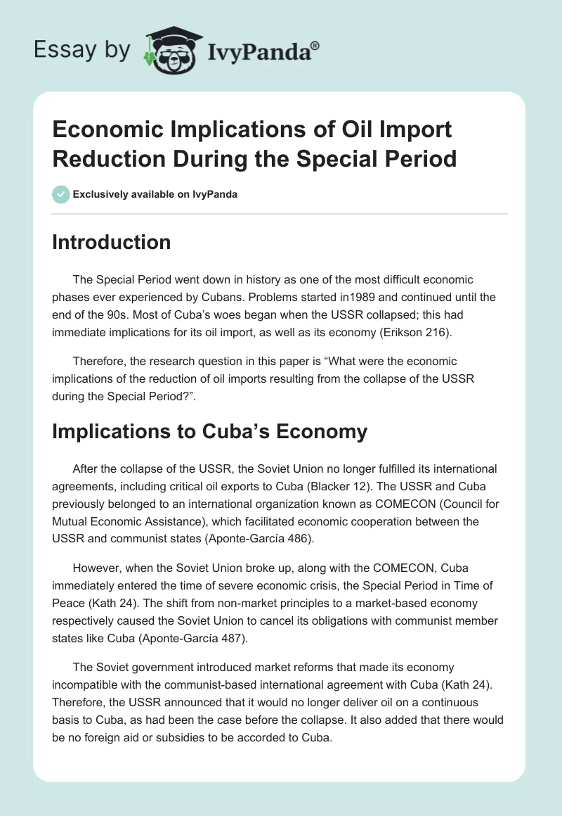 Economic Implications of Oil Import Reduction During the Special Period. Page 1