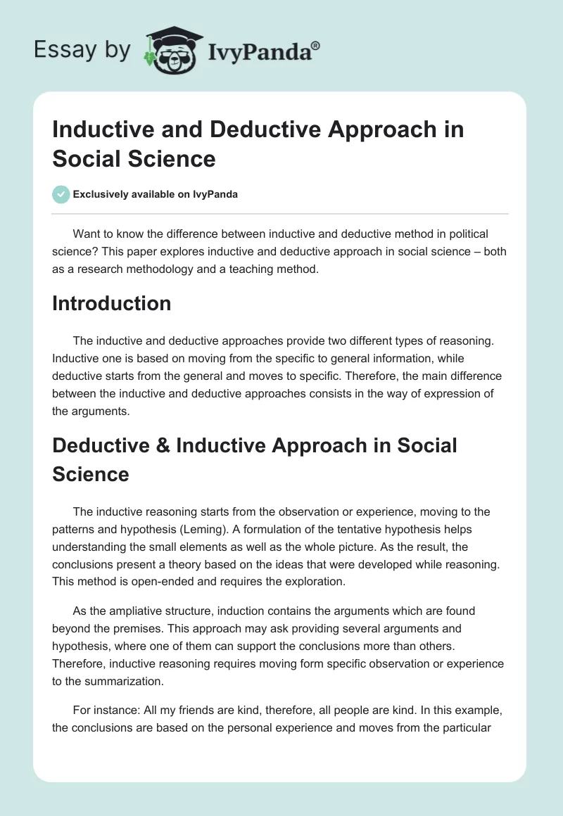 Inductive and Deductive Approach in Social Science. Page 1