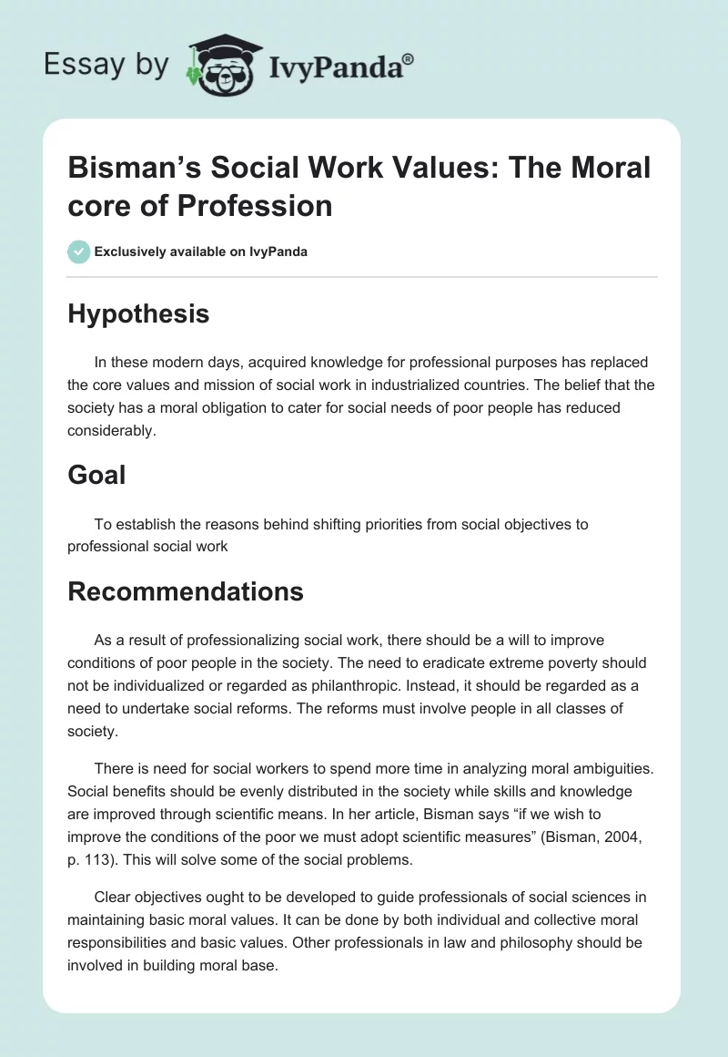 Bisman’s Social Work Values: The Moral core of Profession. Page 1