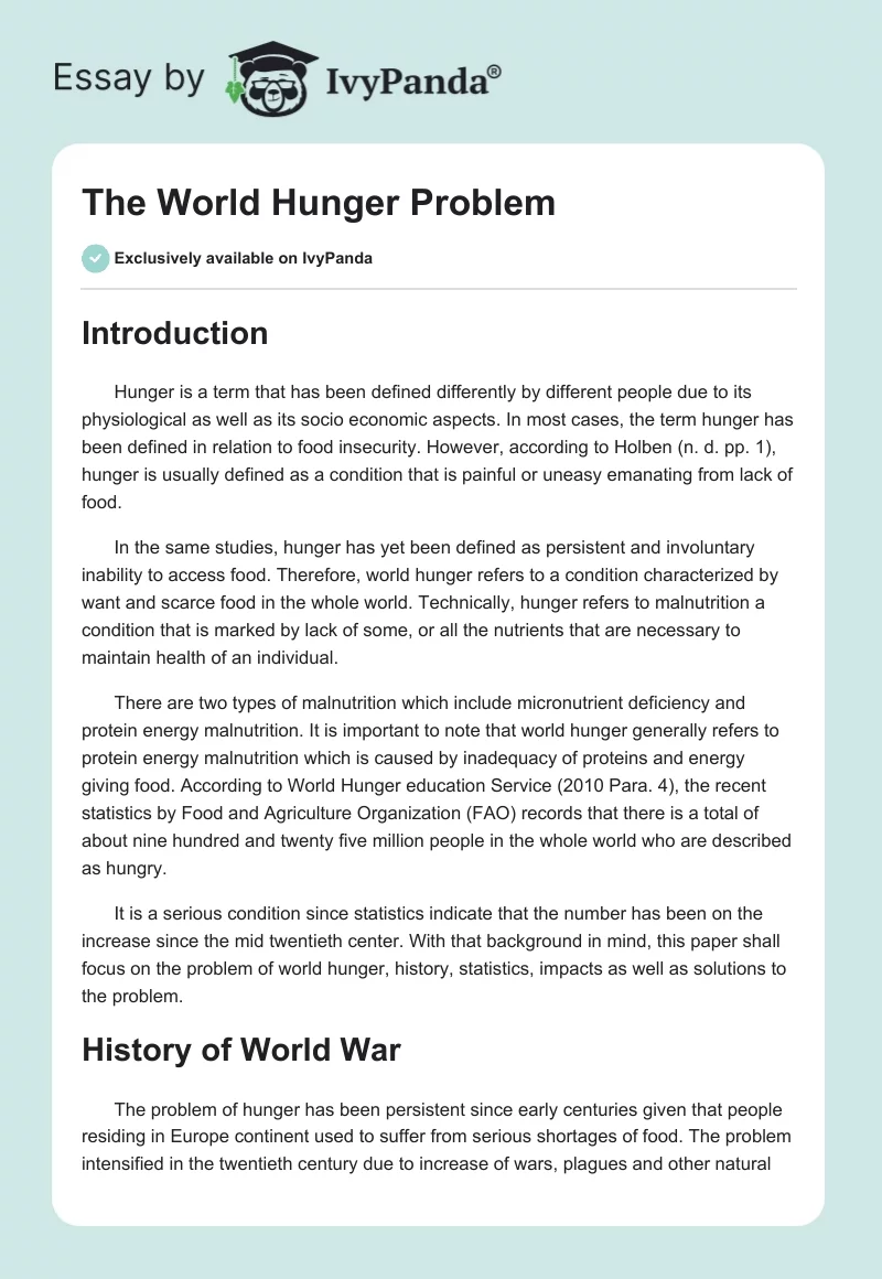 World Hunger Essay: Causes of World Hunger & How to Solve It. Page 1