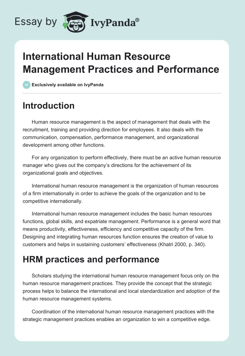 International Human Resource Management Practices and Performance. Page 1