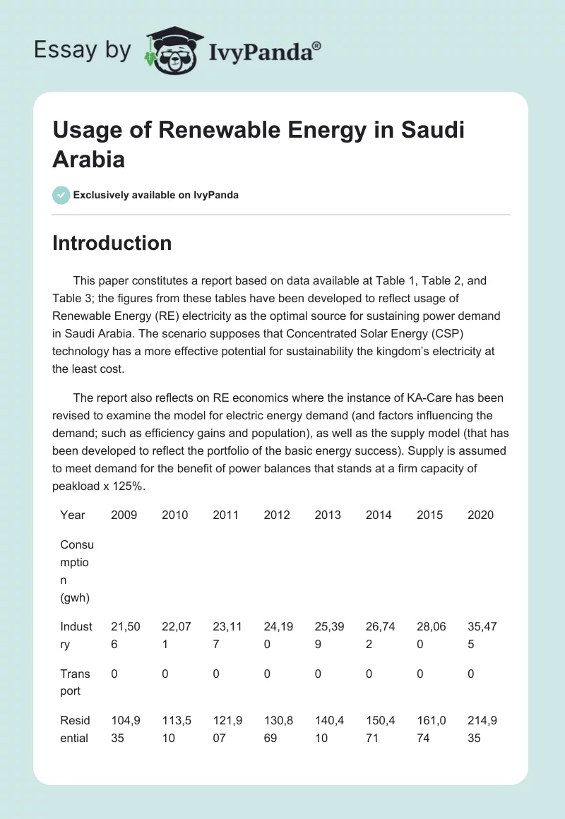 Usage of Renewable Energy in Saudi Arabia. Page 1