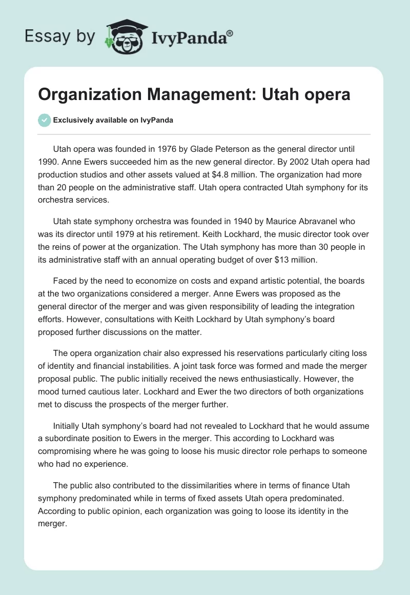 Organization Management: Utah opera. Page 1