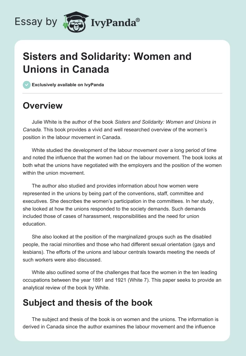 Sisters and Solidarity: Women and Unions in Canada. Page 1