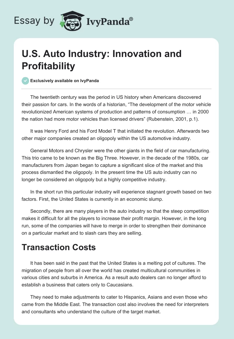 U.S. Auto Industry: Innovation and Profitability. Page 1
