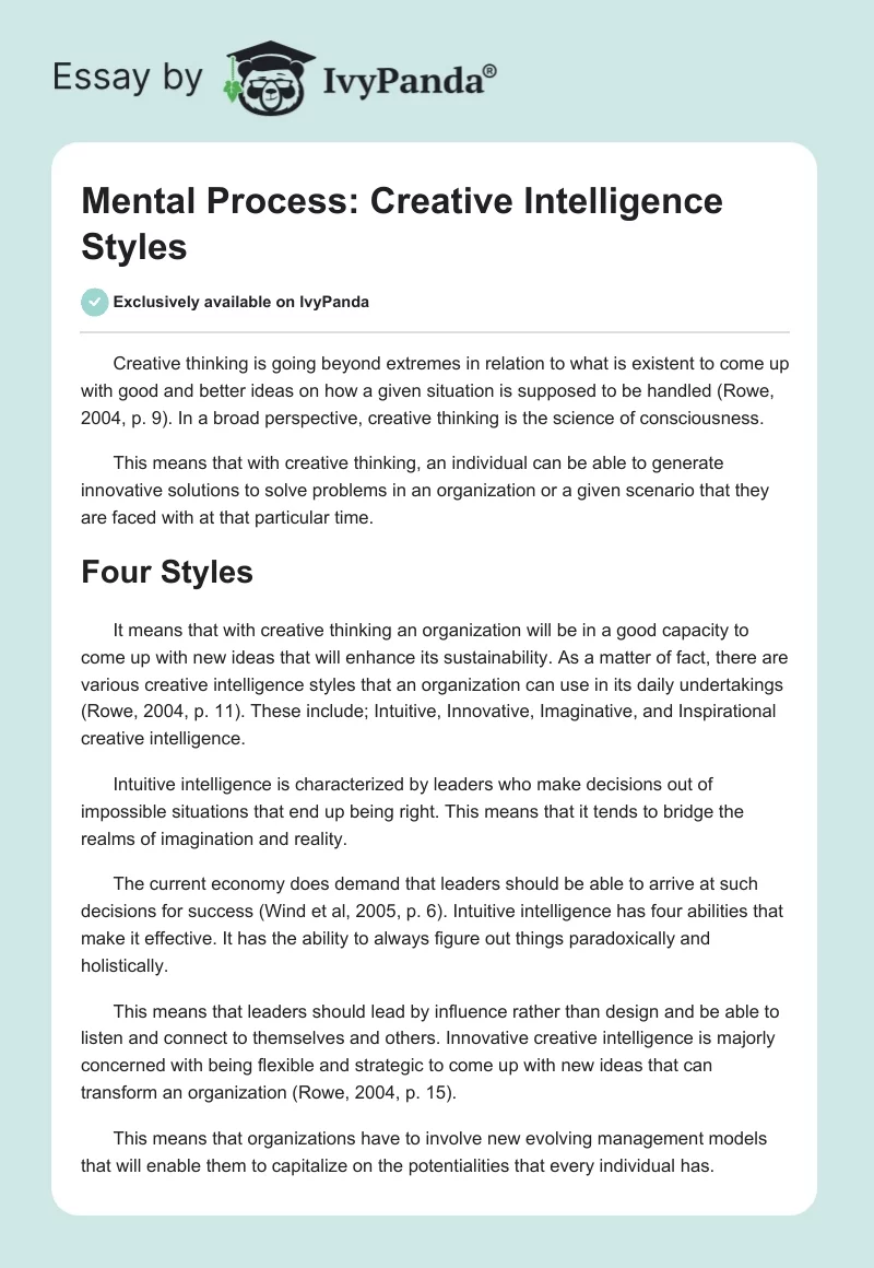 Mental Process: Creative Intelligence Styles. Page 1