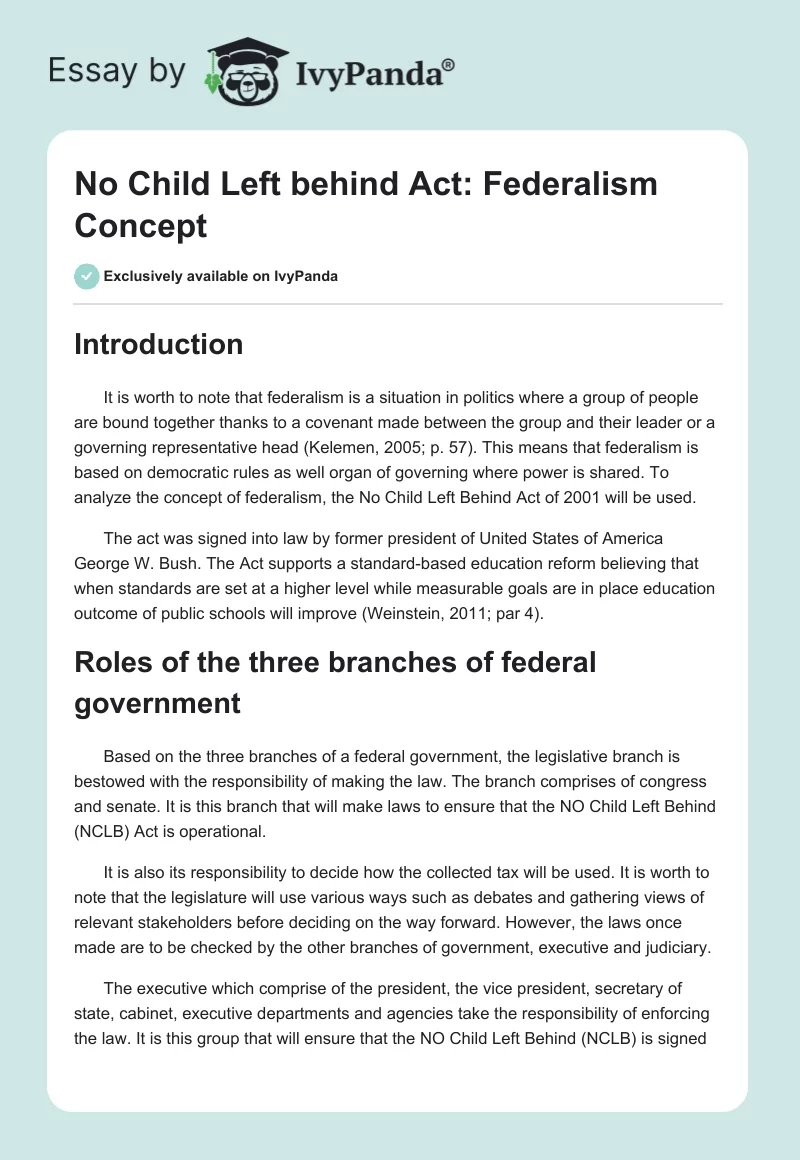 No Child Left behind Act: Federalism Concept. Page 1
