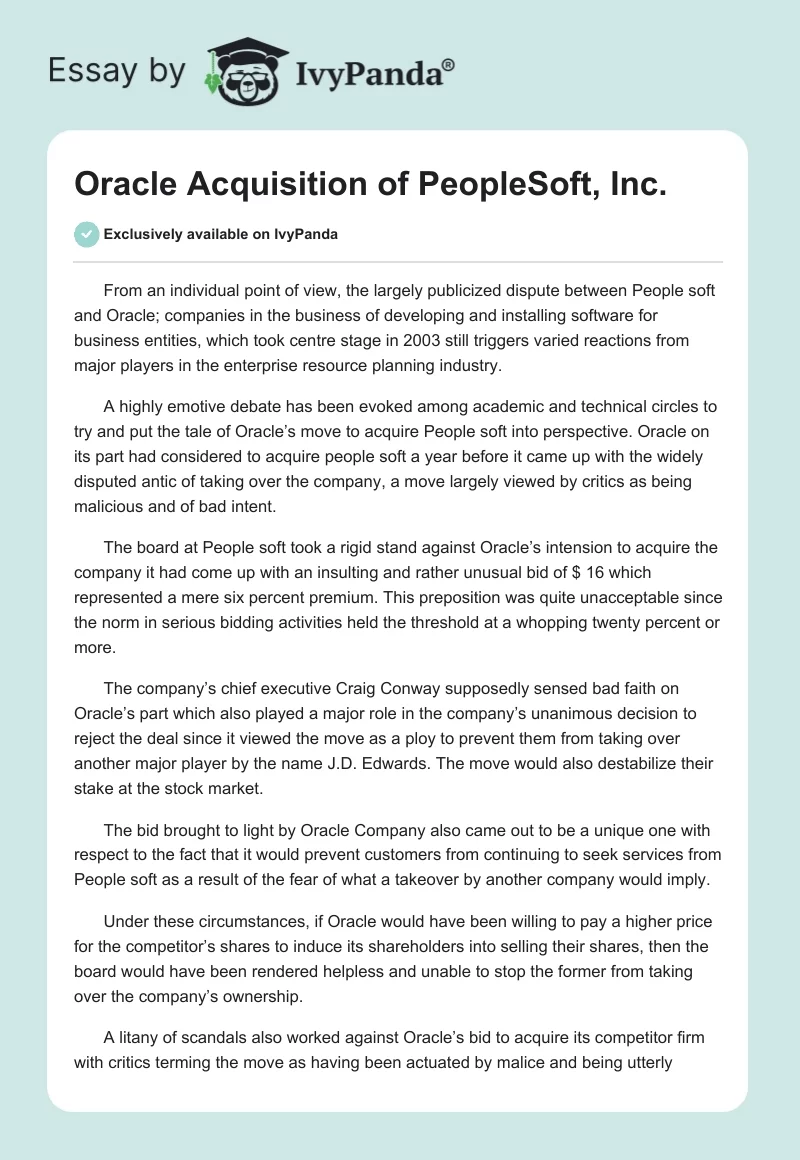 Oracle Acquisition of PeopleSoft, Inc.. Page 1