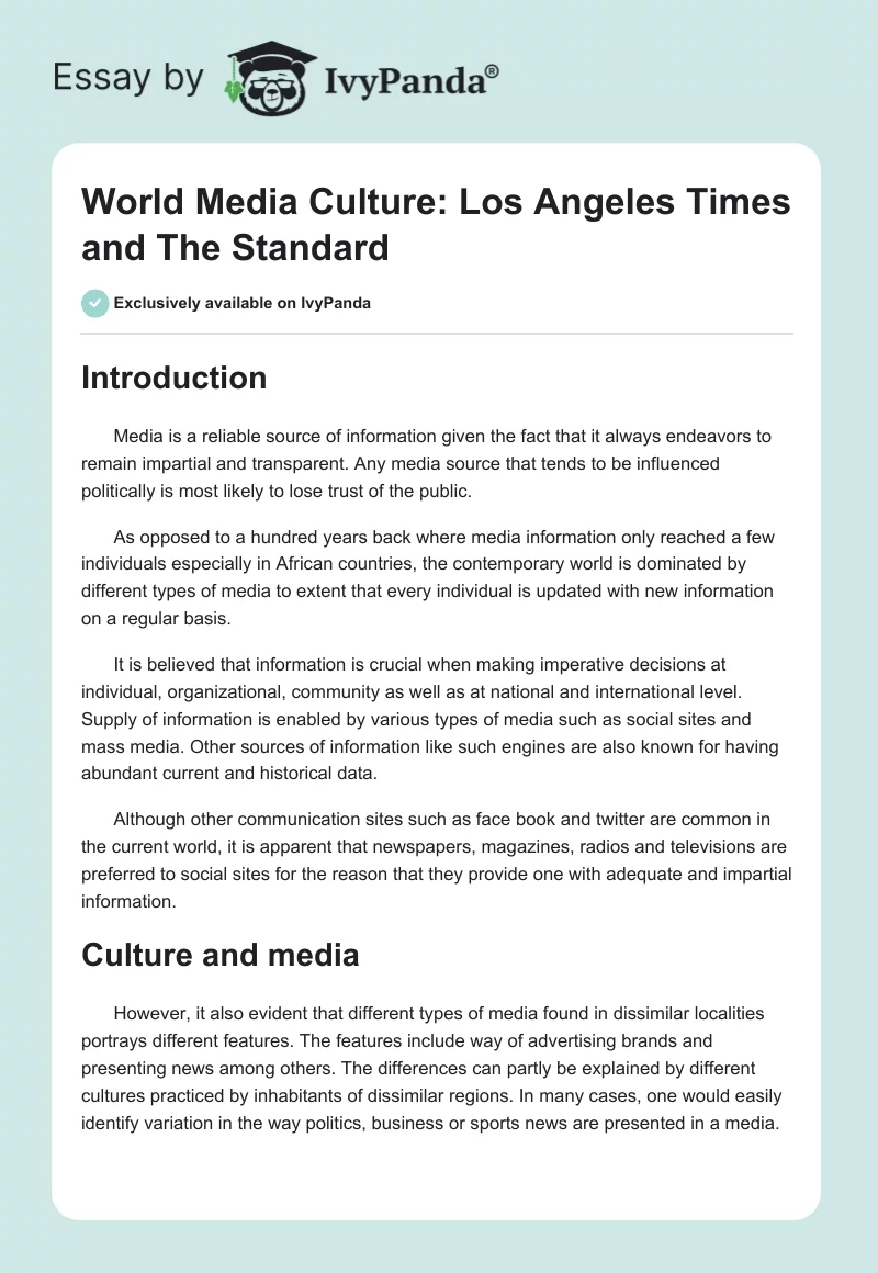 World Media Culture: Los Angeles Times and The Standard. Page 1