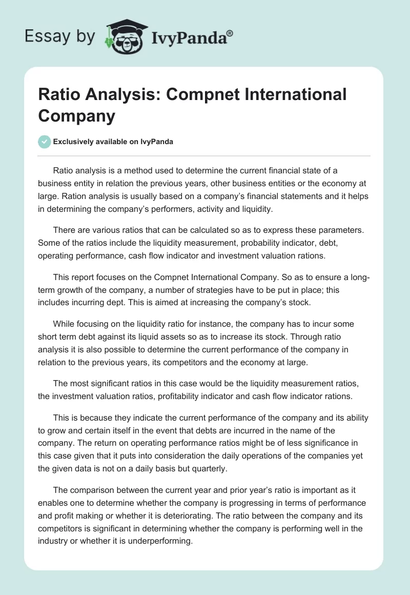 Ratio Analysis: Compnet International Company. Page 1