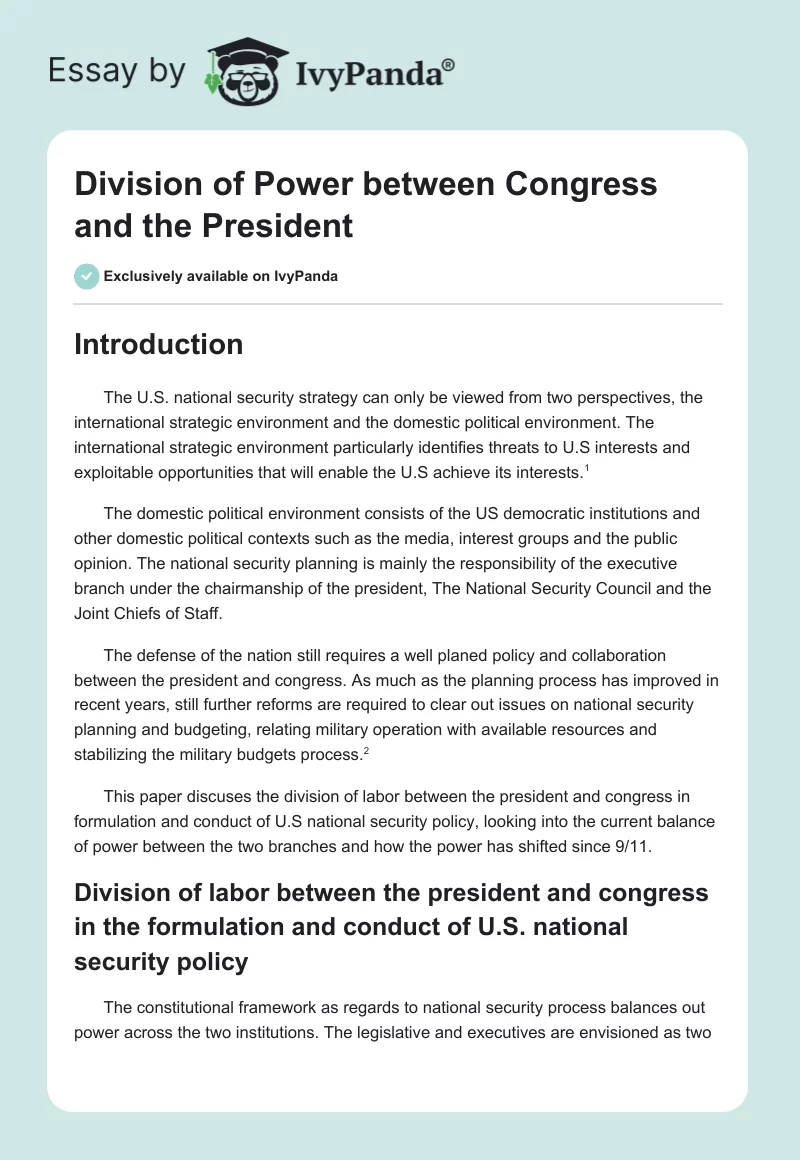 Division of Power Between Congress and the President. Page 1