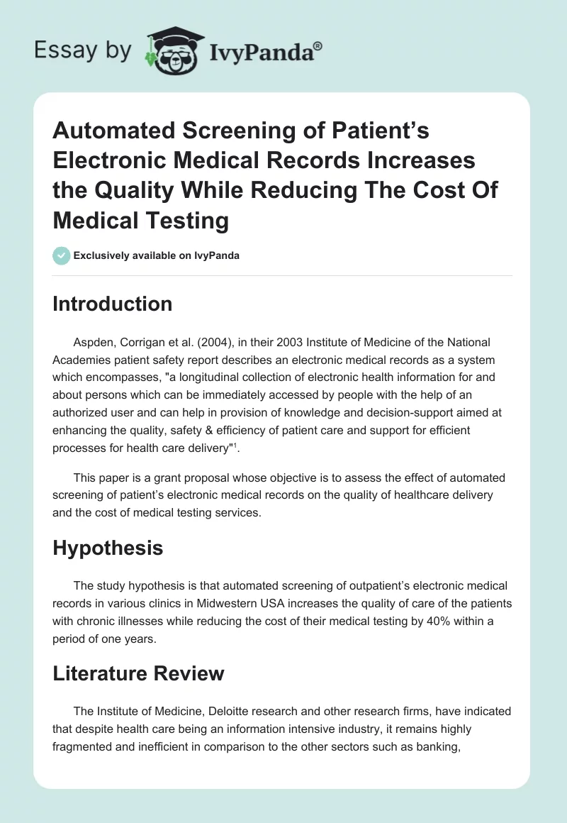 Automated Screening of Patient’s Electronic Medical Records Increases the Quality While Reducing The Cost Of Medical Testing. Page 1