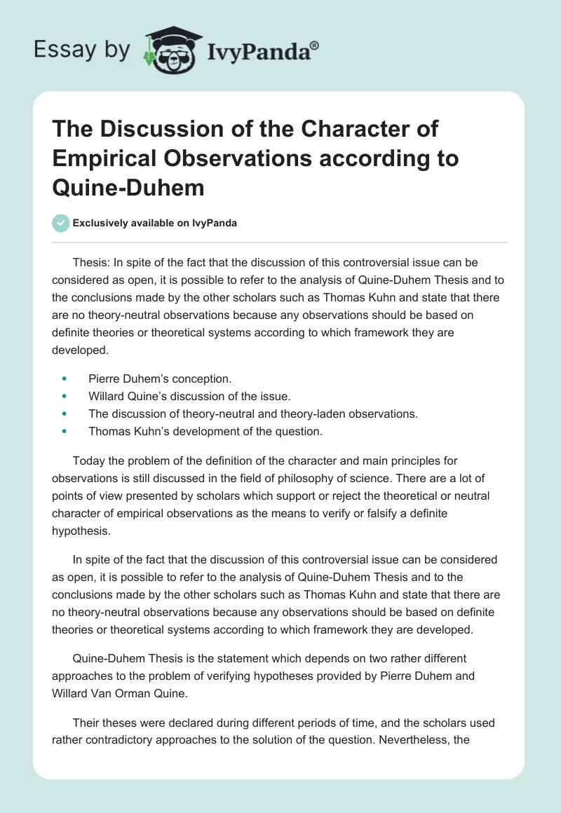 The Discussion of the Character of Empirical Observations according to Quine-Duhem. Page 1