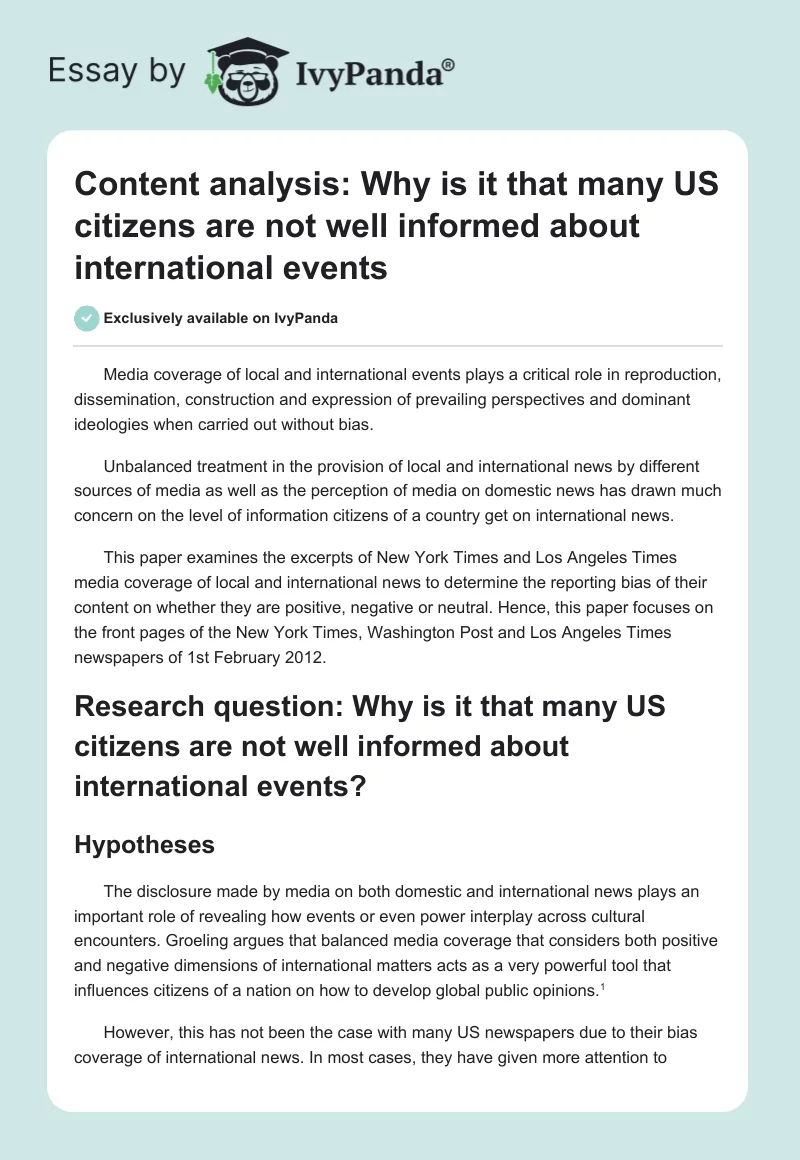 Content Analysis: Why Is It That Many Us Citizens Are Not Well Informed About International Events. Page 1