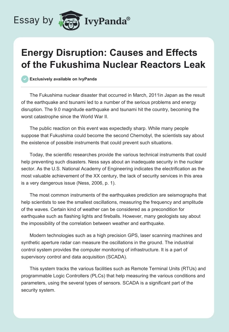 Energy Disruption: Causes and Effects of the Fukushima Nuclear Reactors Leak. Page 1