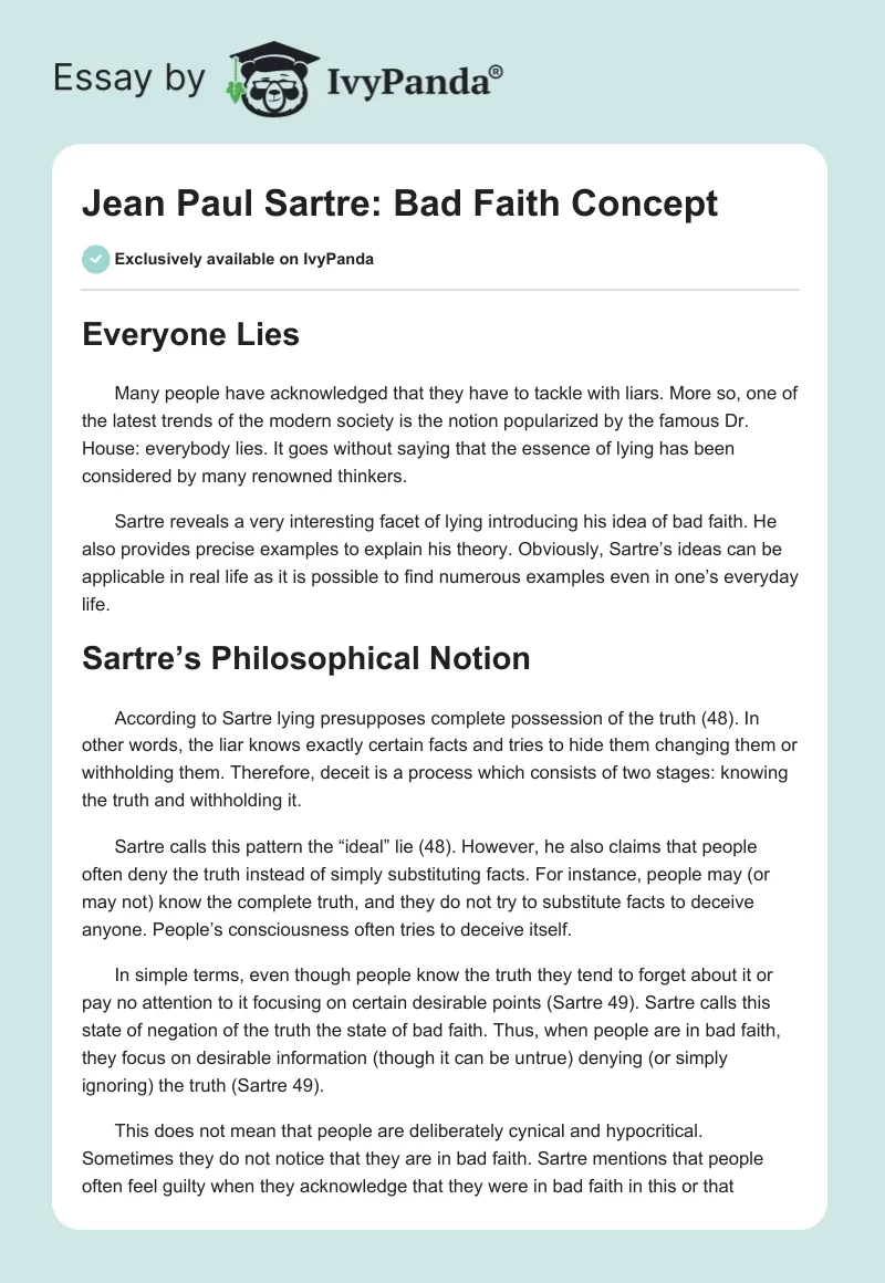 Jean Paul Sartre: Bad Faith Concept. Page 1