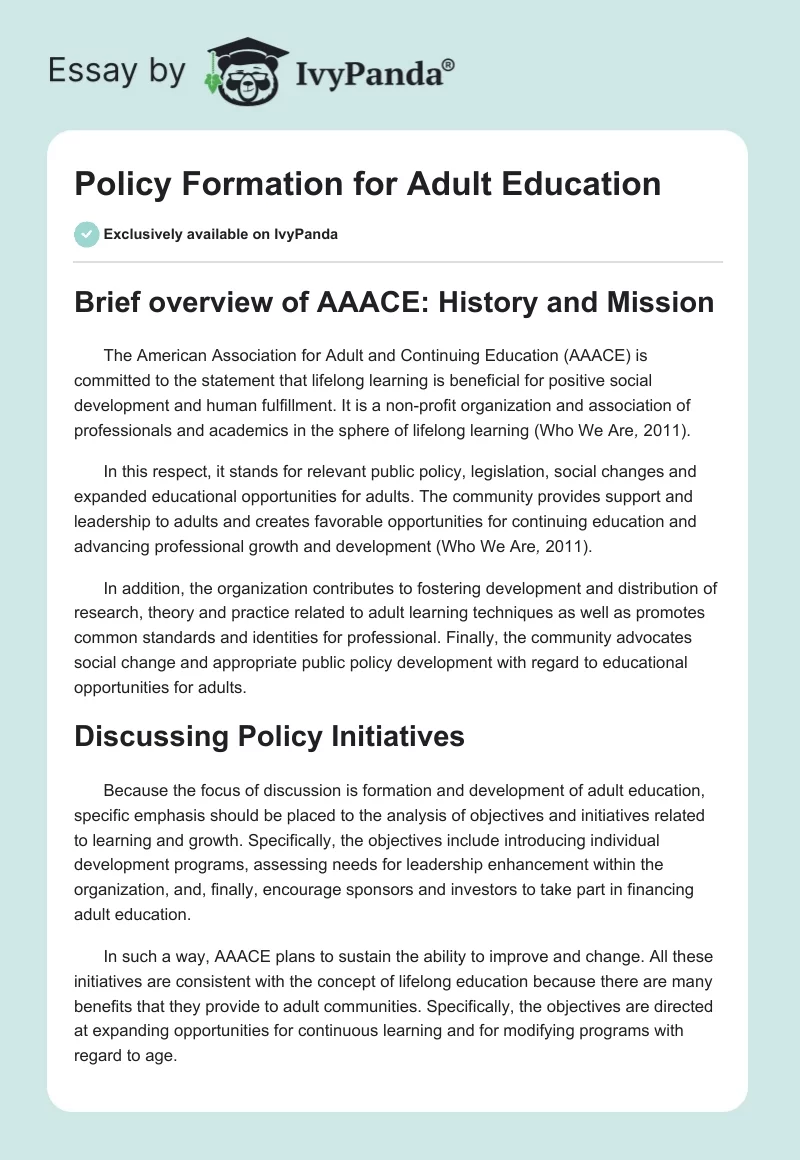 Policy Formation for Adult Education. Page 1
