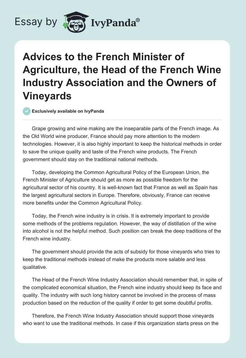 Advices to the French Minister of Agriculture, the Head of the French Wine Industry Association and the Owners of Vineyards. Page 1