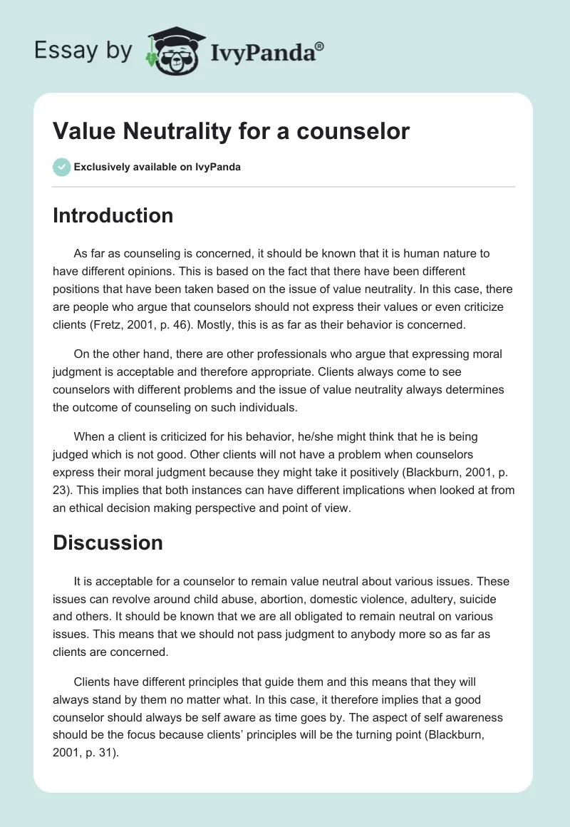 Value Neutrality for a counselor. Page 1