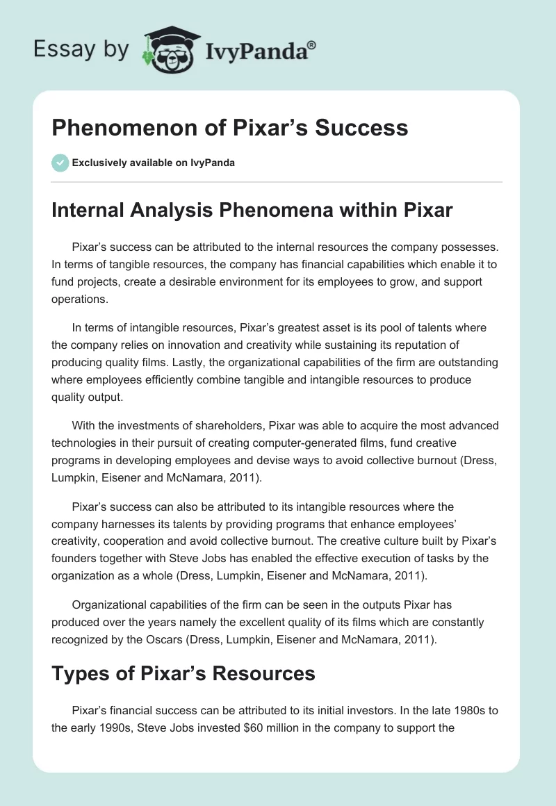 Phenomenon of Pixar’s Success. Page 1