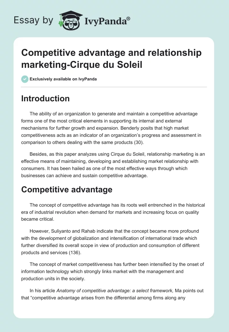 Competitive advantage and relationship marketing-Cirque du Soleil. Page 1