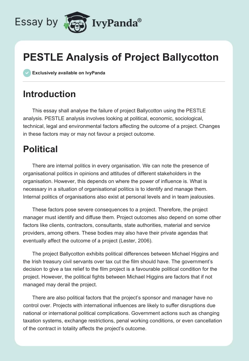 PESTLE Analysis of Project Ballycotton. Page 1