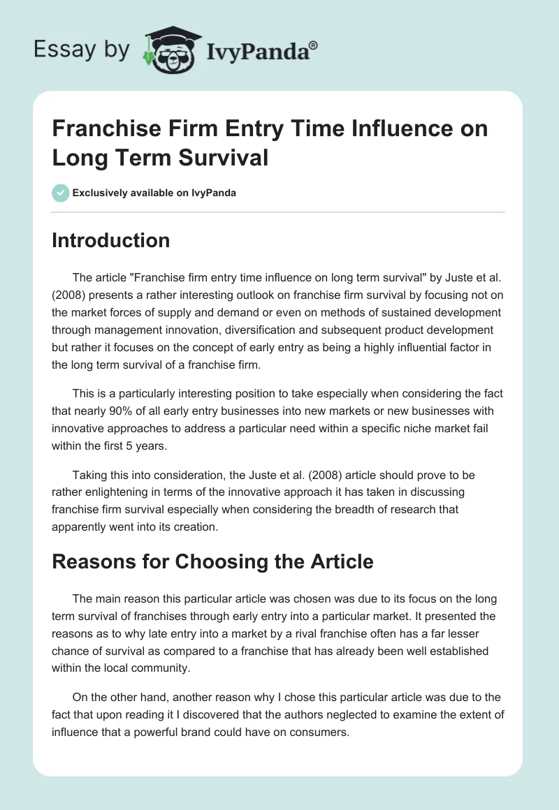 Franchise Firm Entry Time Influence on Long Term Survival. Page 1