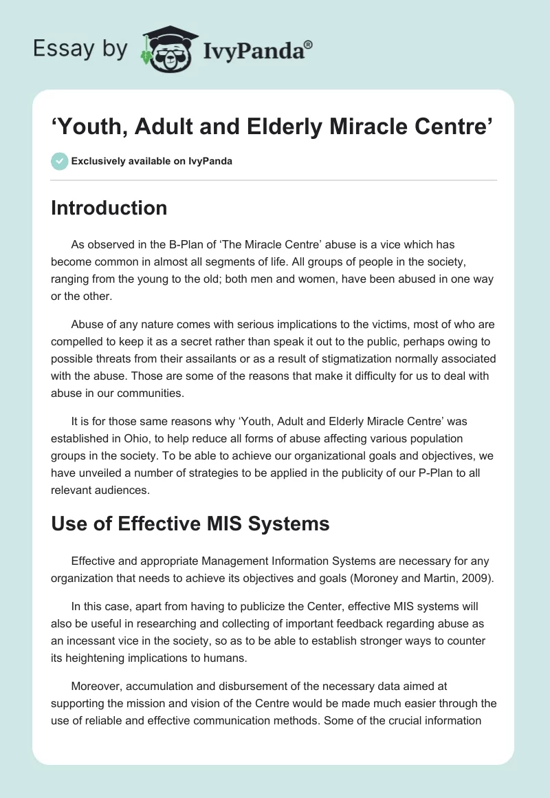 ‘Youth, Adult and Elderly Miracle Centre’. Page 1