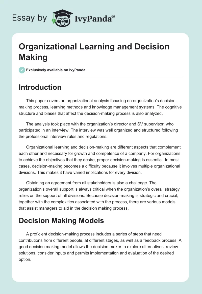 Organizational Learning and Decision Making. Page 1