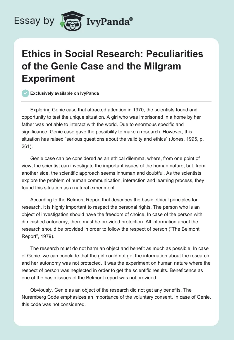 Ethics in Social Research: Peculiarities of the Genie Case and the Milgram Experiment. Page 1