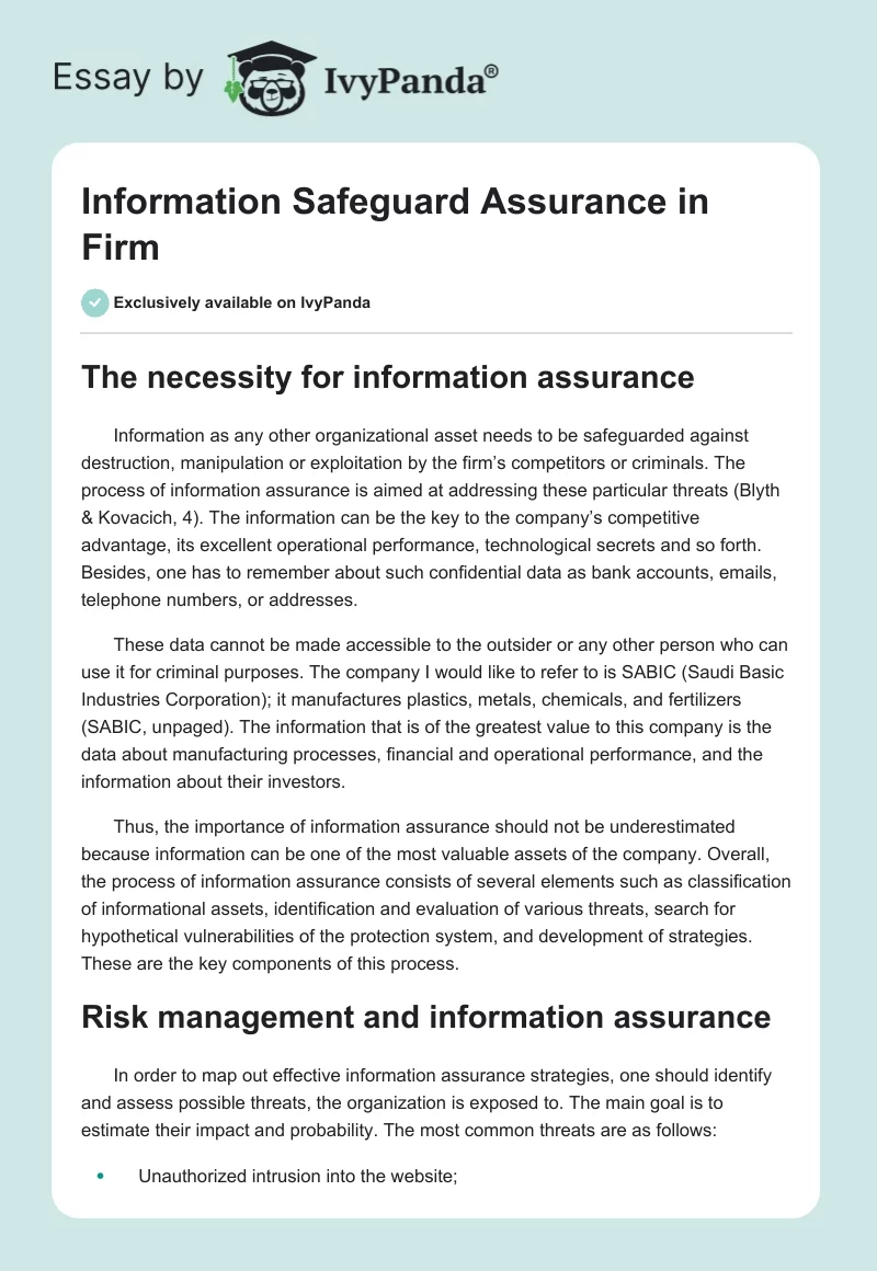 Information Safeguard Assurance in Firm. Page 1