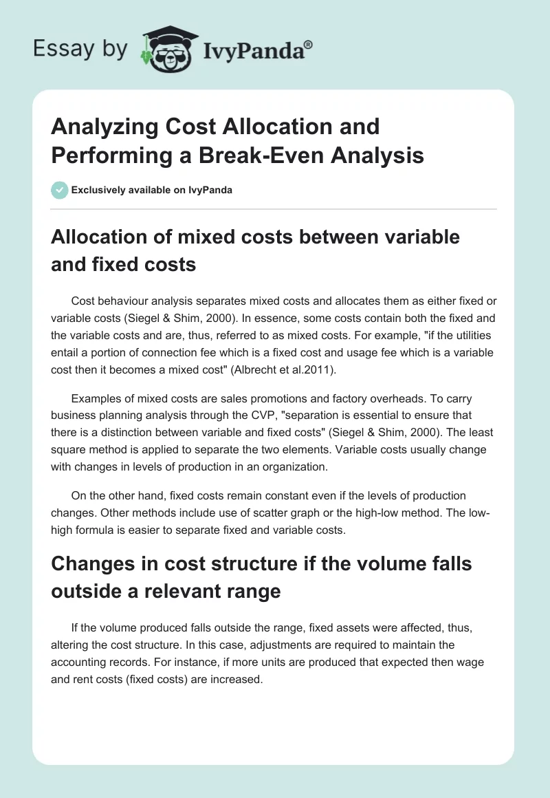 Analyzing Cost Allocation and Performing a Break-Even Analysis. Page 1