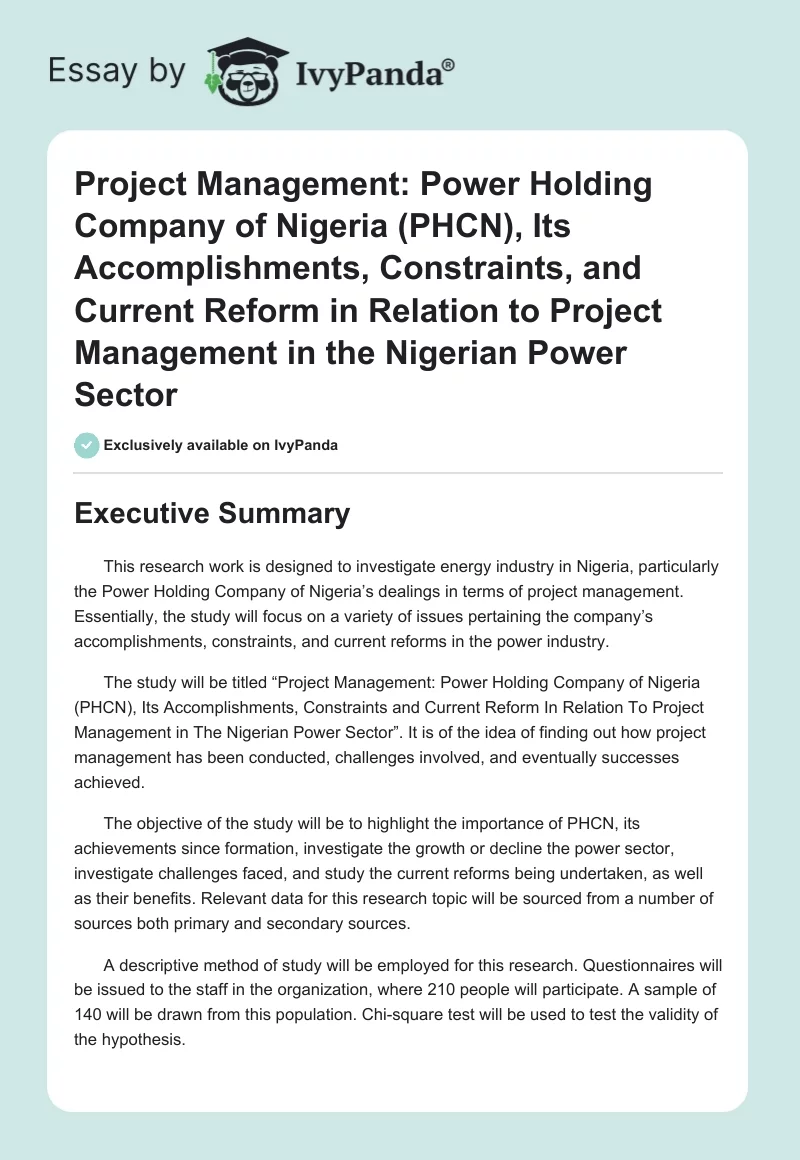 Project Management: Power Holding Company of Nigeria (PHCN), Its Accomplishments, Constraints, and Current Reform in Relation to Project Management in the Nigerian Power Sector. Page 1