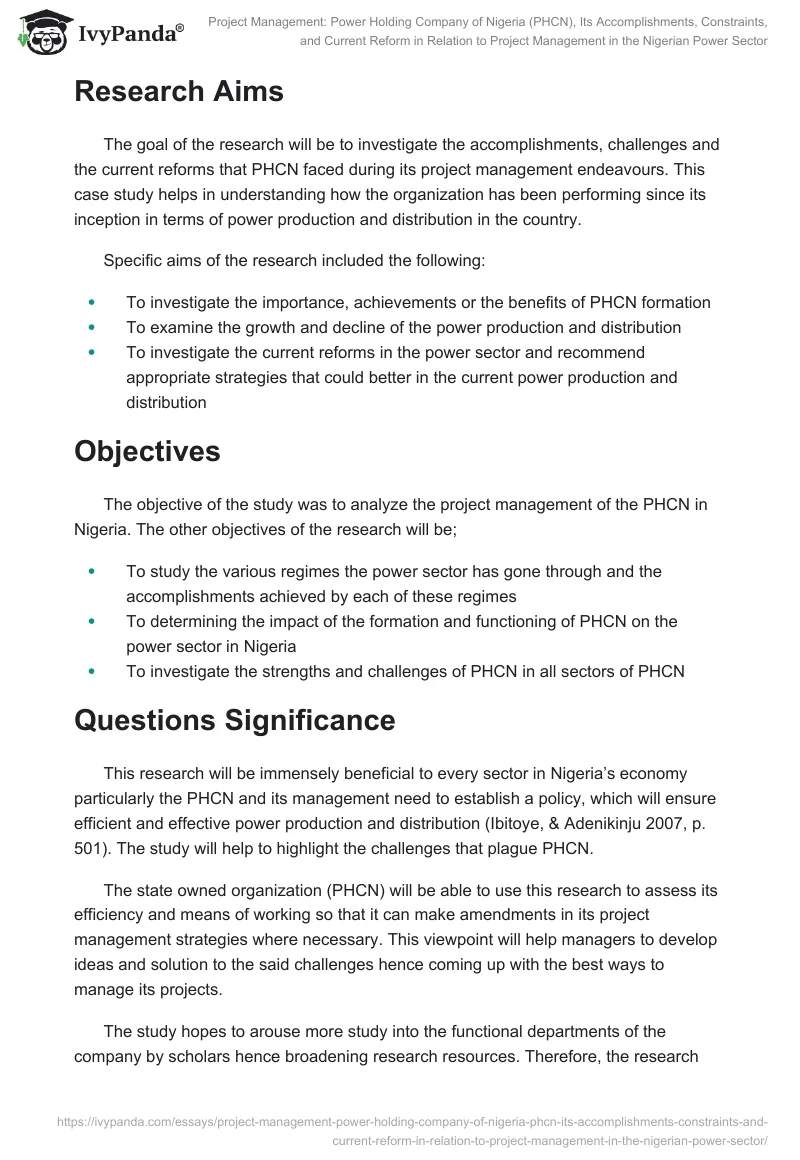 Project Management: Power Holding Company of Nigeria (PHCN), Its Accomplishments, Constraints, and Current Reform in Relation to Project Management in the Nigerian Power Sector. Page 3