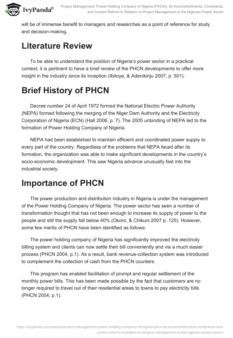 Project Management: Power Holding Company of Nigeria (PHCN), Its Accomplishments, Constraints, and Current Reform in Relation to Project Management in the Nigerian Power Sector. Page 4