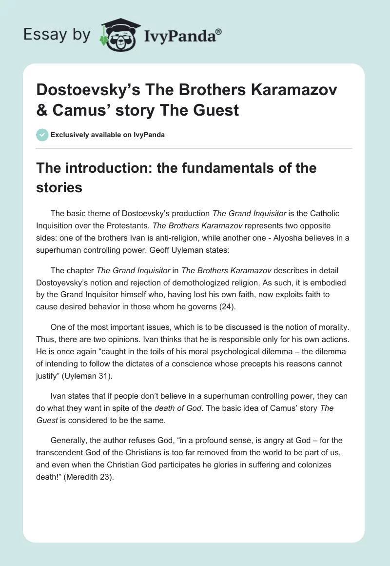 Dostoevsky’s The Brothers Karamazov & Camus’ story The Guest. Page 1