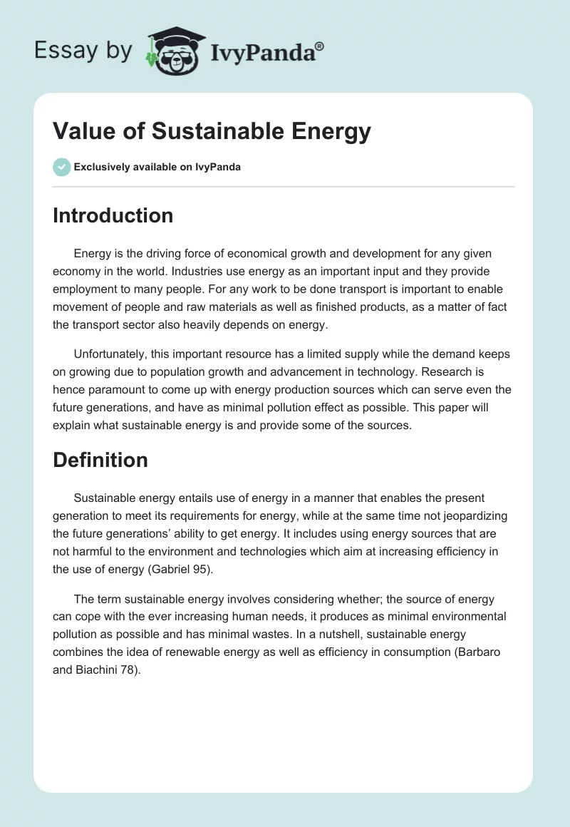 Value of Sustainable Energy. Page 1