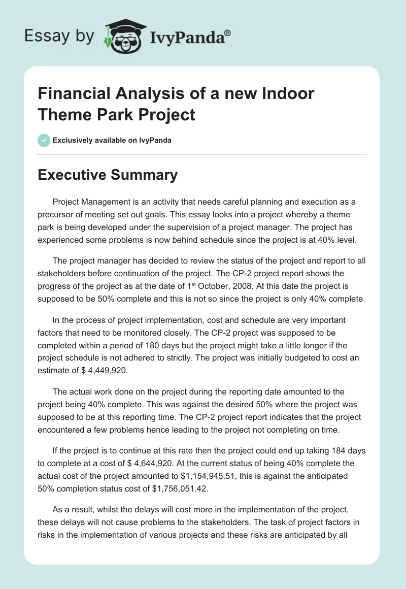 Financial Analysis of a new Indoor Theme Park Project. Page 1