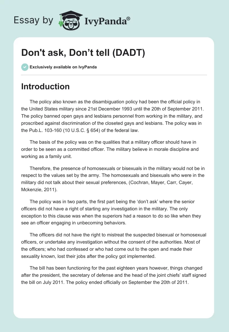 "Don't ask, Don’t tell" (DADT). Page 1