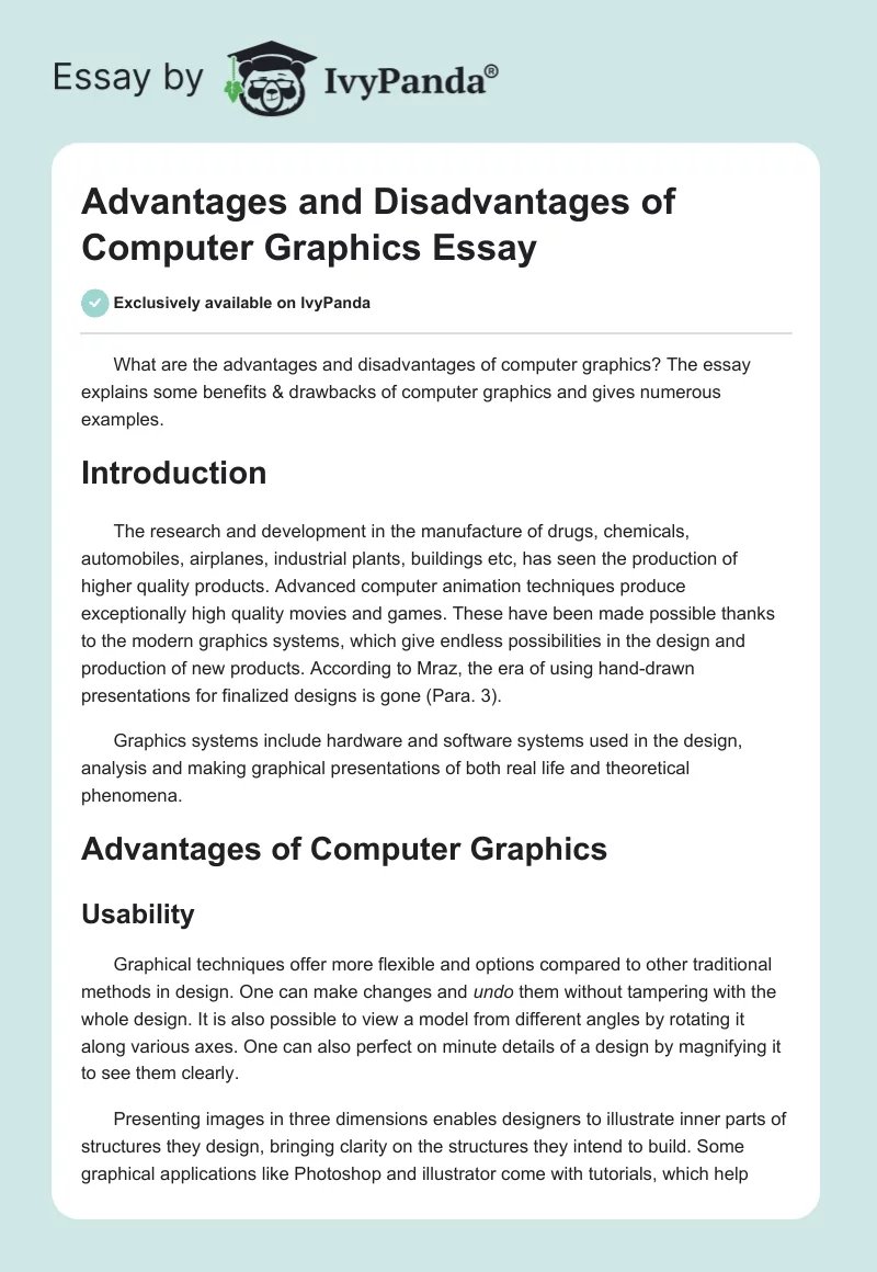 Advantages and Disadvantages of Computer Graphics Essay. Page 1
