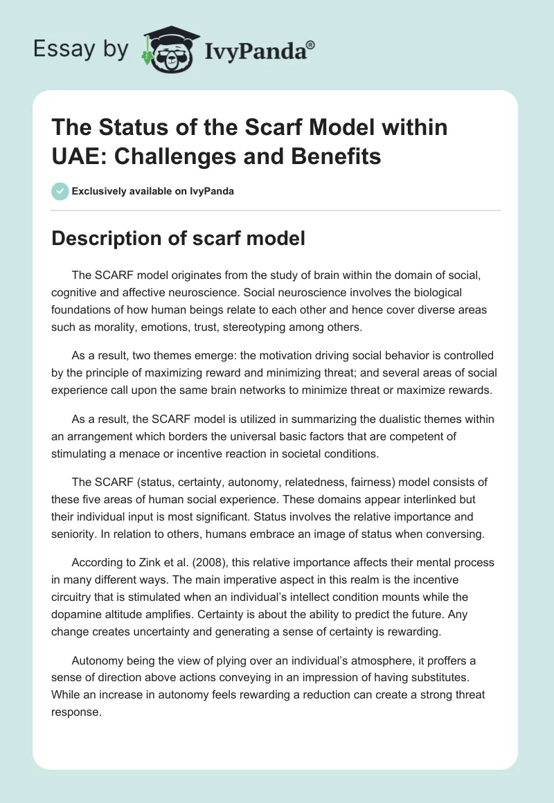 The Status of the Scarf Model Within UAE: Challenges and Benefits. Page 1