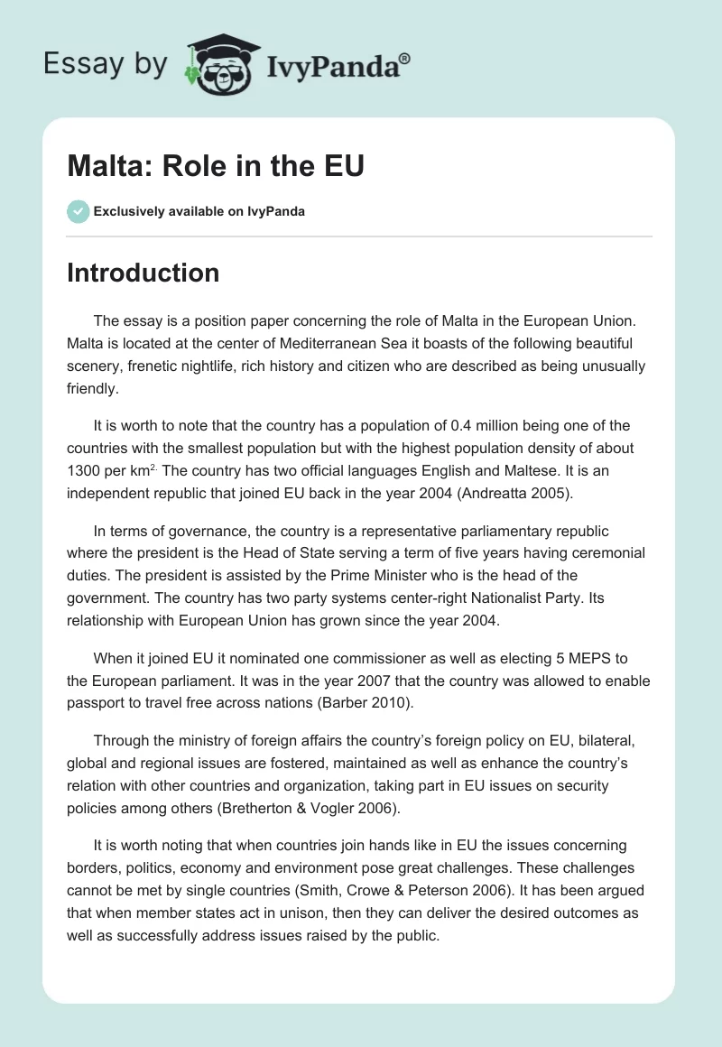 Malta: Role in the EU. Page 1