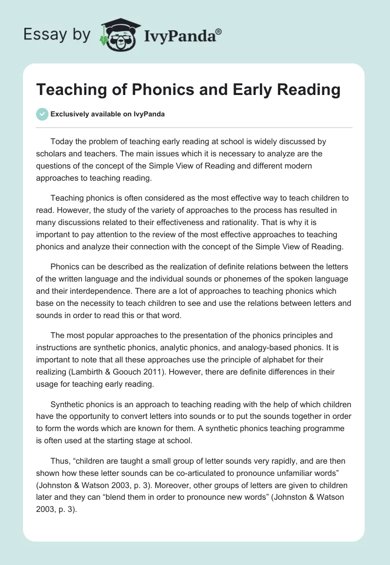 Teaching of Phonics and Early Reading. Page 1